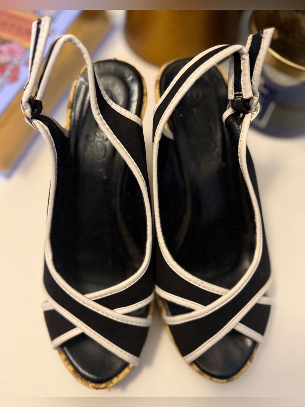 $4 Black and White Slingback Peep-Toe Wedges $4 WHEN BUNDLED WITH 3 OR MORE